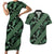 Indonesia Batik Pattern Couples Matching Short Sleeve Bodycon Dress and Hawaiian Shirt Green Version