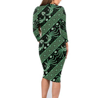 Indonesia Batik Pattern Family Matching Long Sleeve Bodycon Dress and Hawaiian Shirt Green Version