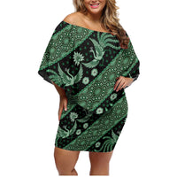Indonesia Batik Pattern Family Matching Off Shoulder Short Dress and Hawaiian Shirt Green Version