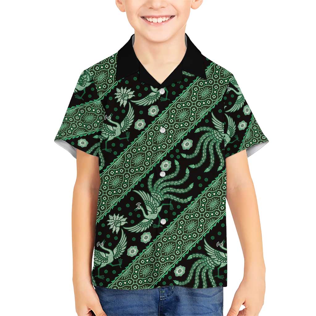 Indonesia Batik Pattern Family Matching Short Sleeve Bodycon Dress and Hawaiian Shirt Green Version