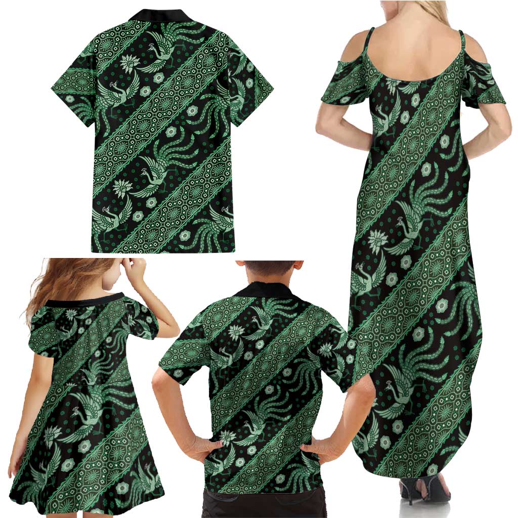 Indonesia Batik Pattern Family Matching Summer Maxi Dress and Hawaiian Shirt Green Version