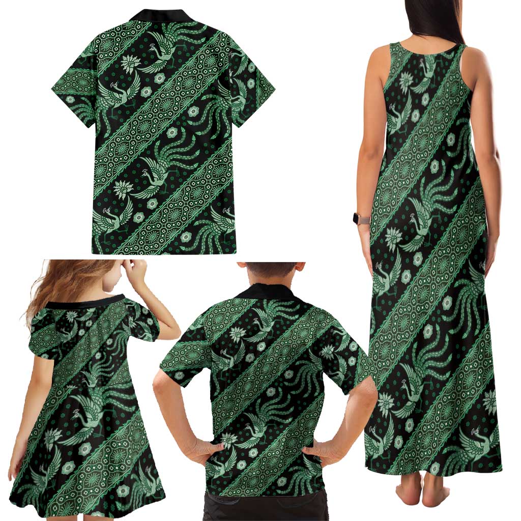 Indonesia Batik Pattern Family Matching Tank Maxi Dress and Hawaiian Shirt Green Version