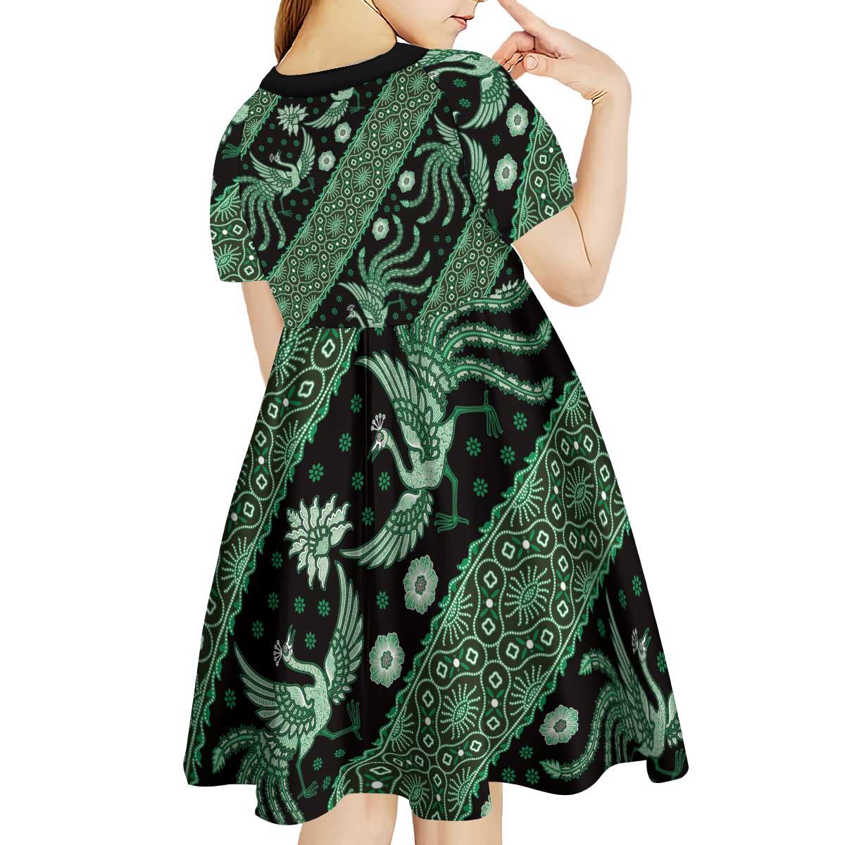 Indonesia Batik Pattern Kid Short Sleeve Dress Green Version