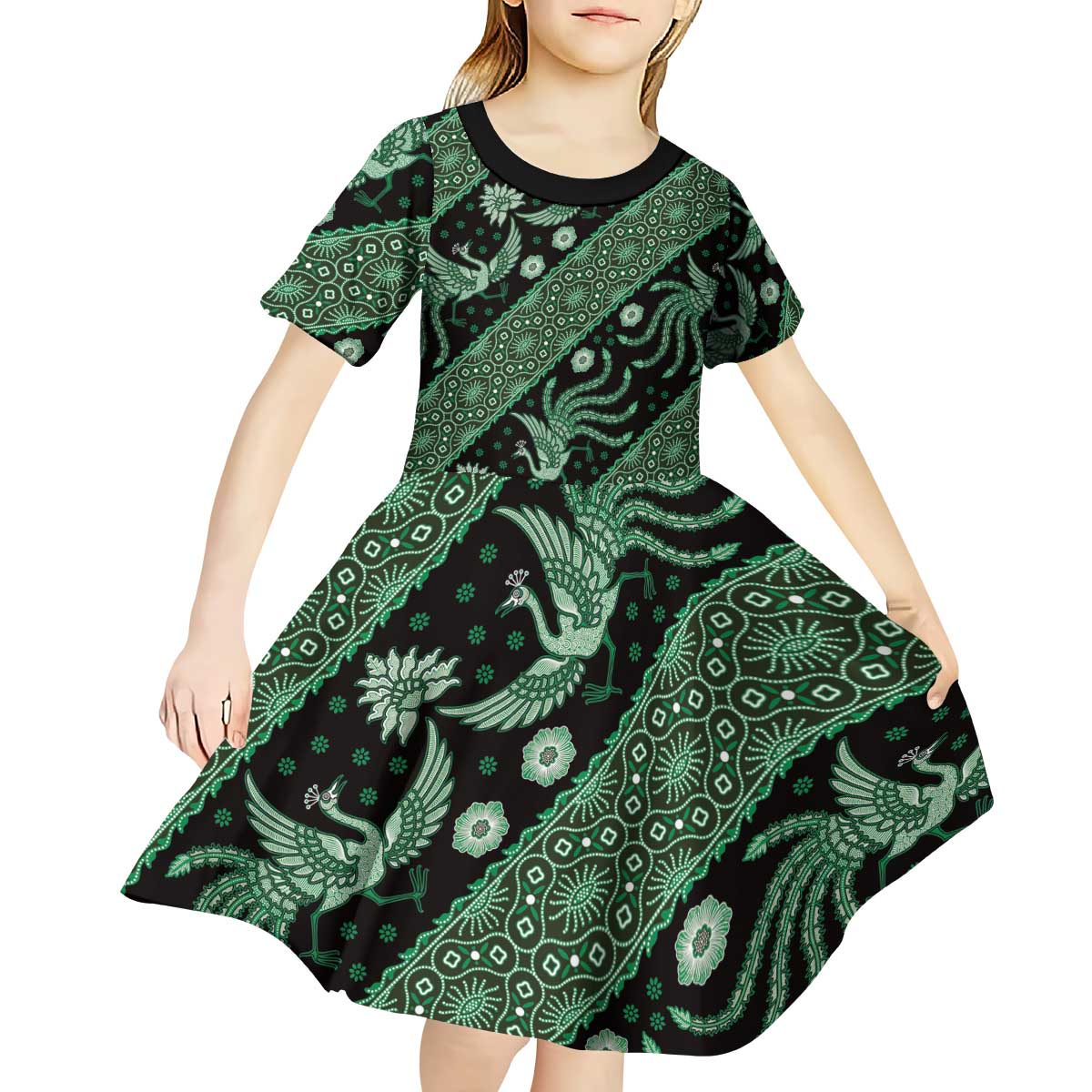 Indonesia Batik Pattern Kid Short Sleeve Dress Green Version