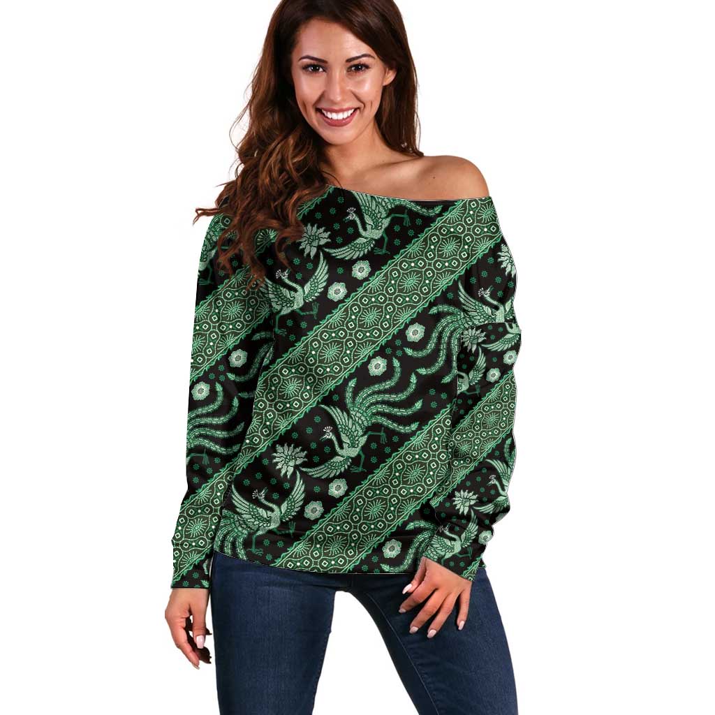 Indonesia Batik Pattern Off Shoulder Sweater Green Version