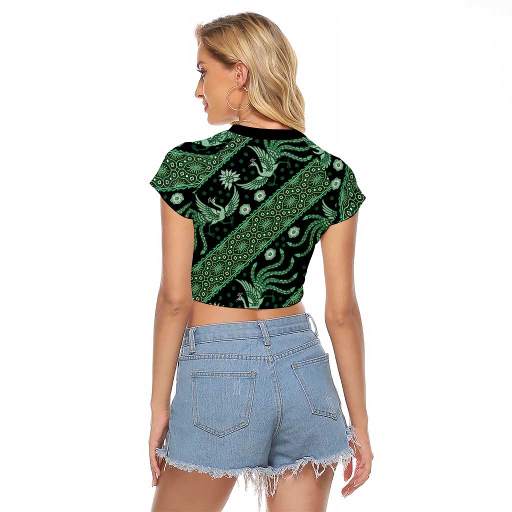 Indonesia Batik Pattern Raglan Cropped T Shirt Green Version