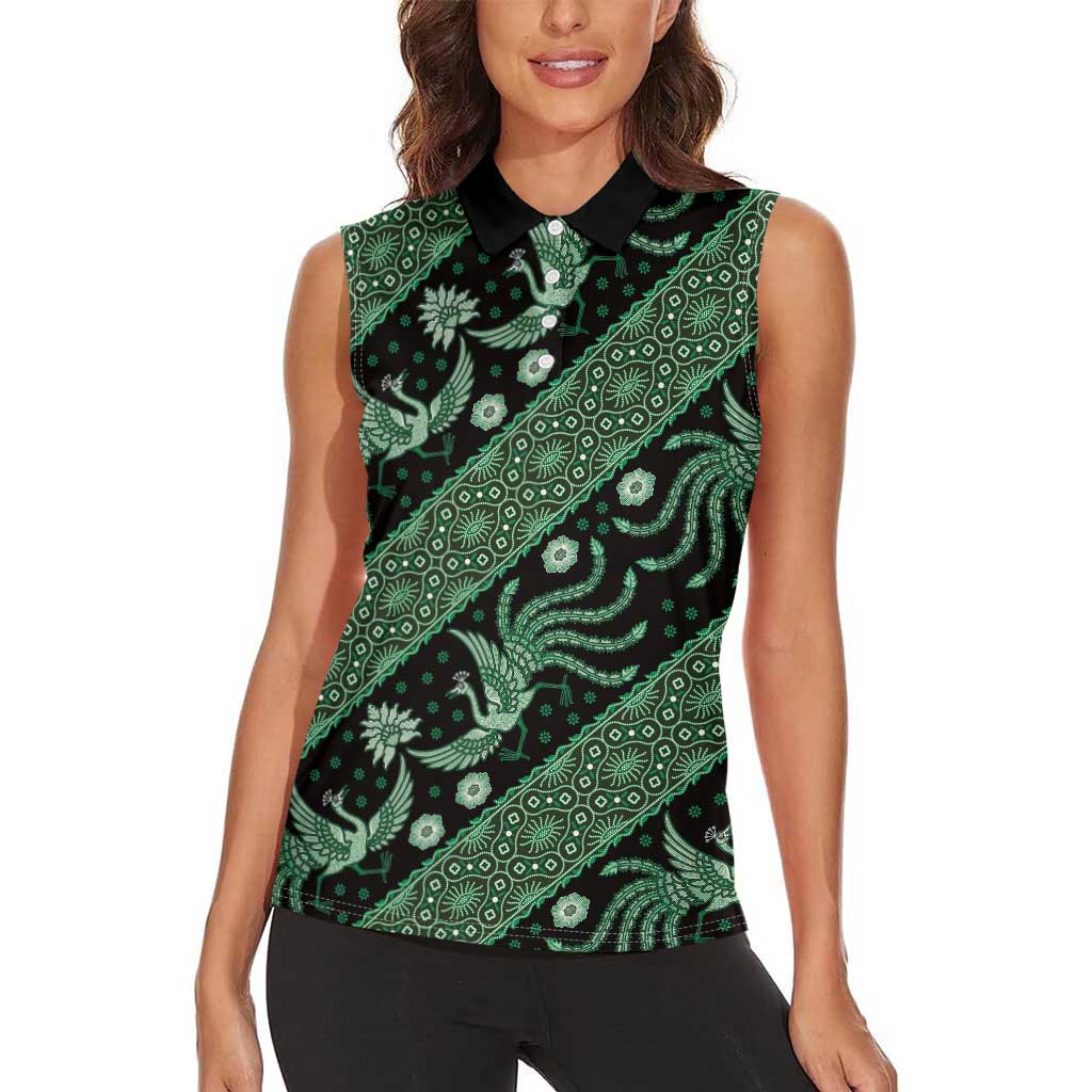 Indonesia Batik Pattern Women Sleeveless Polo Shirt Green Version