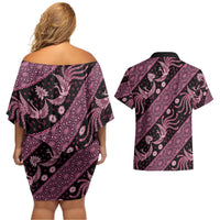 Indonesia Batik Pattern Couples Matching Off Shoulder Short Dress and Hawaiian Shirt Pink Version