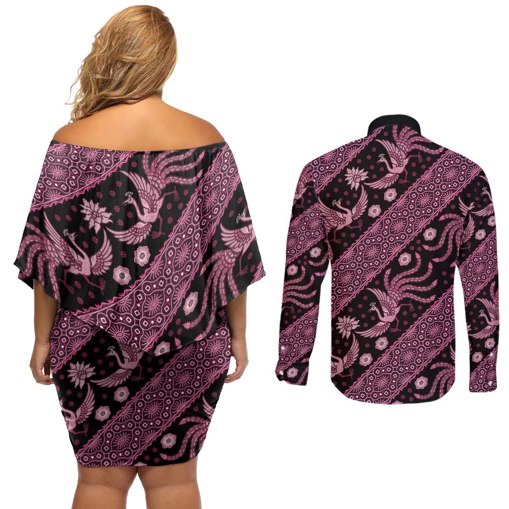 Indonesia Batik Pattern Couples Matching Off Shoulder Short Dress and Long Sleeve Button Shirt Pink Version