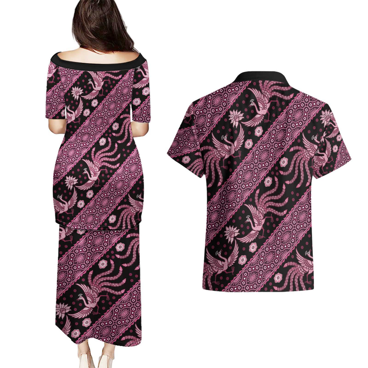 Indonesia Batik Pattern Couples Matching Puletasi and Hawaiian Shirt Pink Version