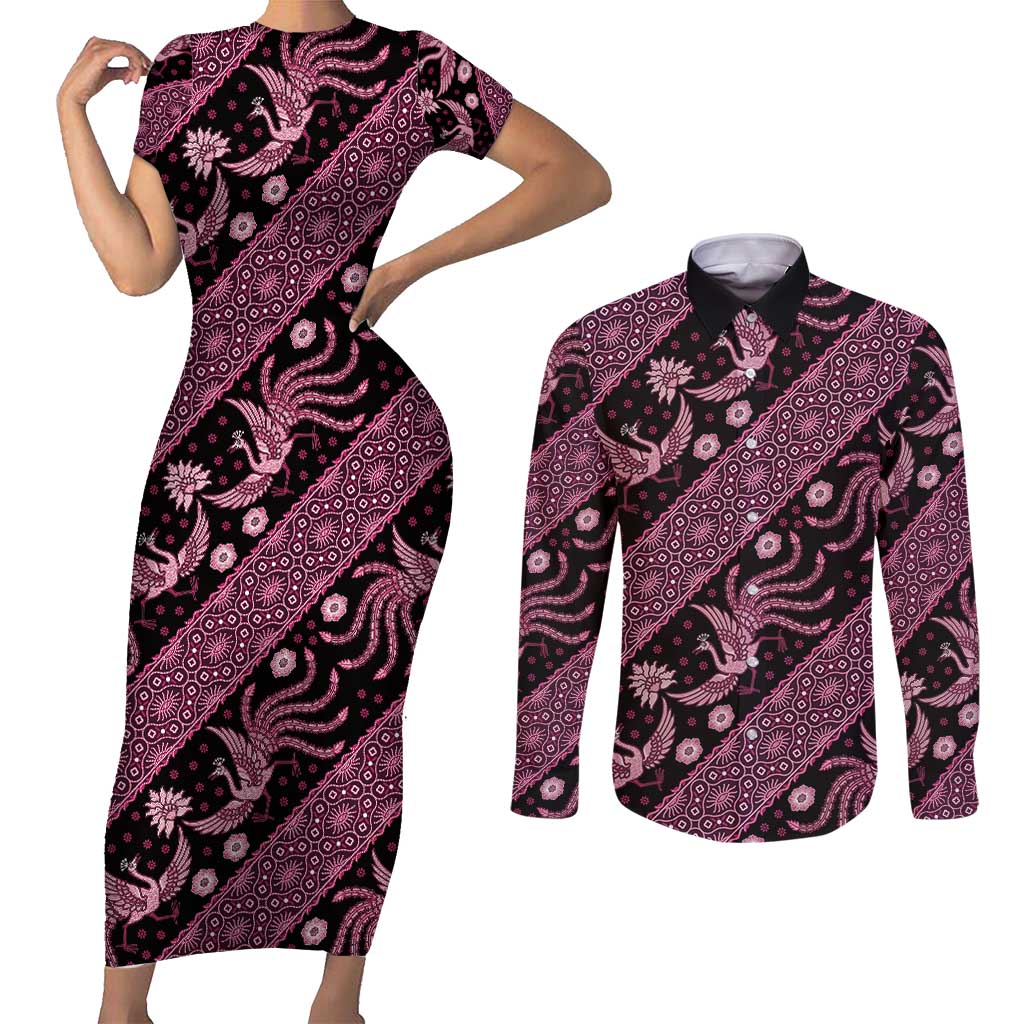 Indonesia Batik Pattern Couples Matching Short Sleeve Bodycon Dress and Long Sleeve Button Shirt Pink Version