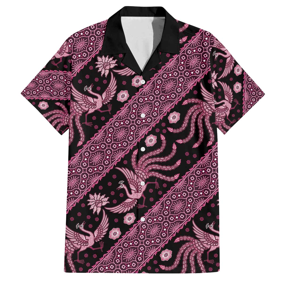 Indonesia Batik Pattern Family Matching Off The Shoulder Long Sleeve Dress and Hawaiian Shirt Pink Version