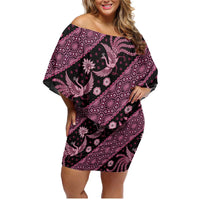 Indonesia Batik Pattern Family Matching Off Shoulder Short Dress and Hawaiian Shirt Pink Version
