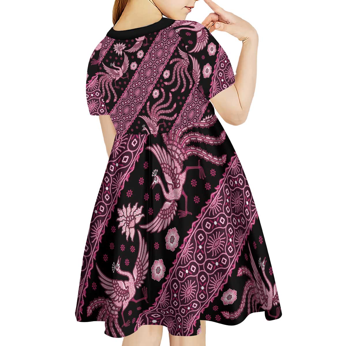 Indonesia Batik Pattern Kid Short Sleeve Dress Pink Version