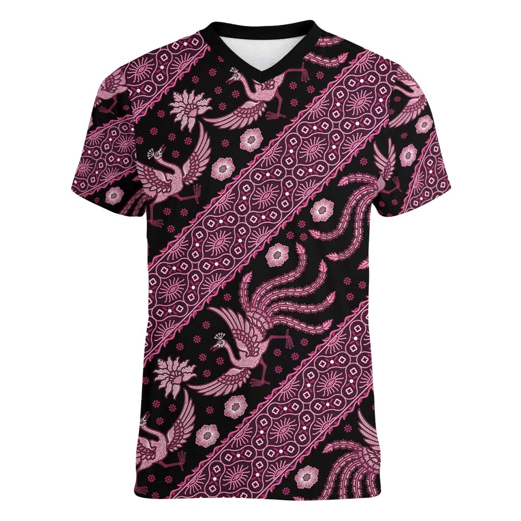 Indonesia Batik Pattern Women V-Neck T-Shirt Pink Version