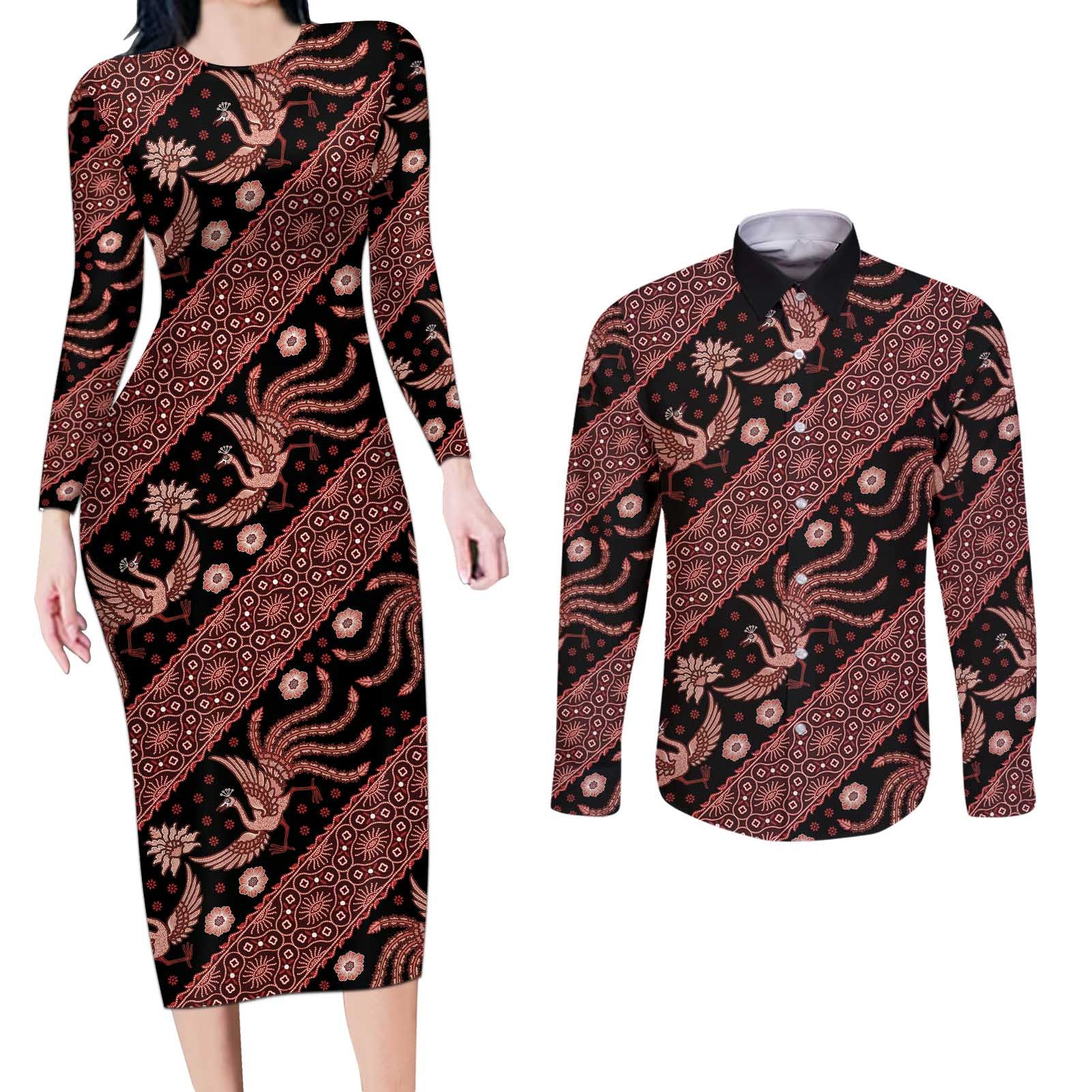 Indonesia Batik Pattern Couples Matching Long Sleeve Bodycon Dress and Long Sleeve Button Shirt Red Version