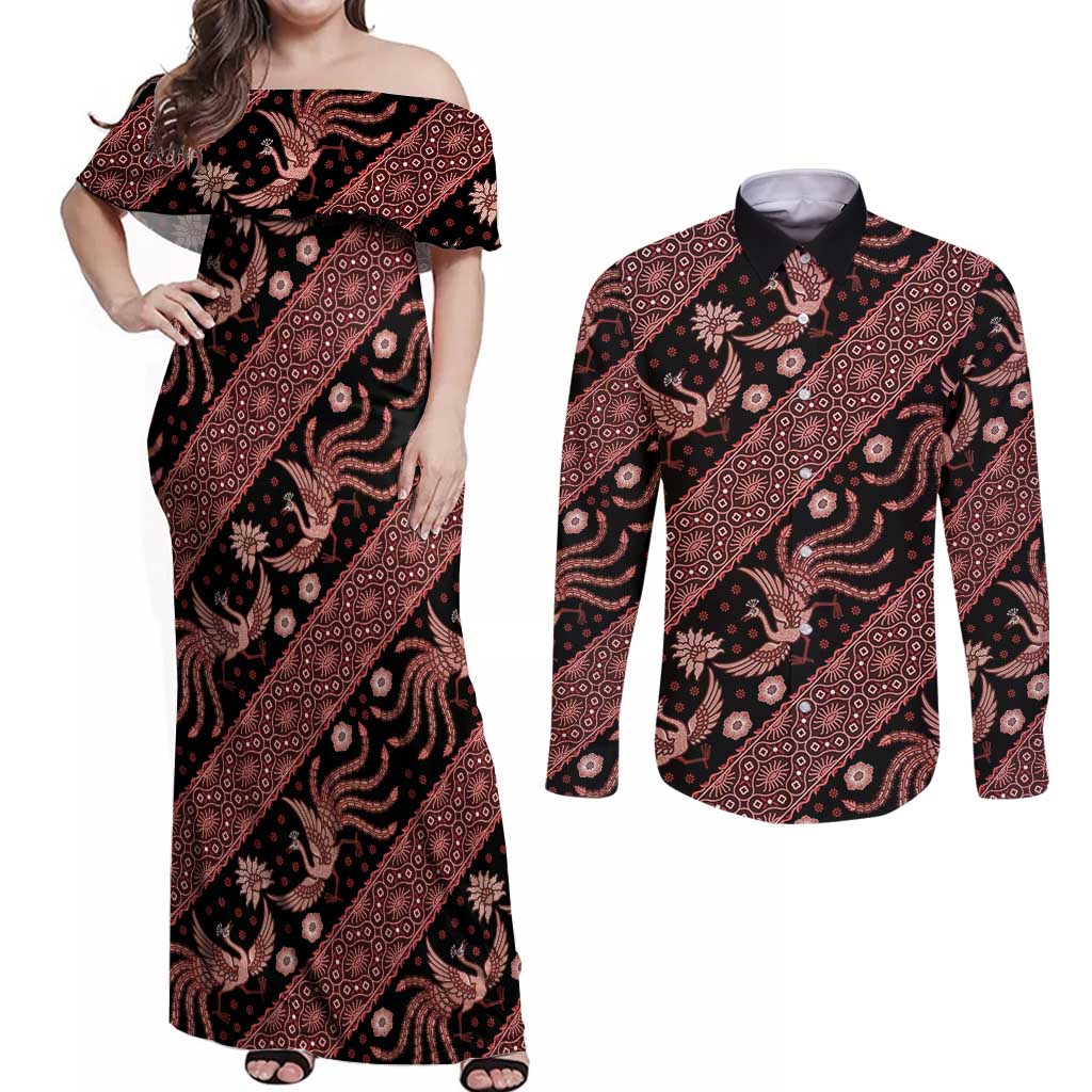 Indonesia Batik Pattern Couples Matching Off Shoulder Maxi Dress and Long Sleeve Button Shirt Red Version