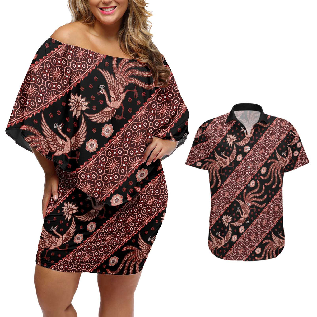 Indonesia Batik Pattern Couples Matching Off Shoulder Short Dress and Hawaiian Shirt Red Version