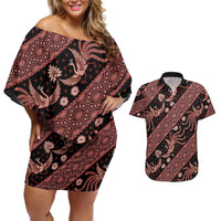 Indonesia Batik Pattern Couples Matching Off Shoulder Short Dress and Hawaiian Shirt Red Version