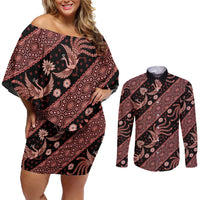 Indonesia Batik Pattern Couples Matching Off Shoulder Short Dress and Long Sleeve Button Shirt Red Version