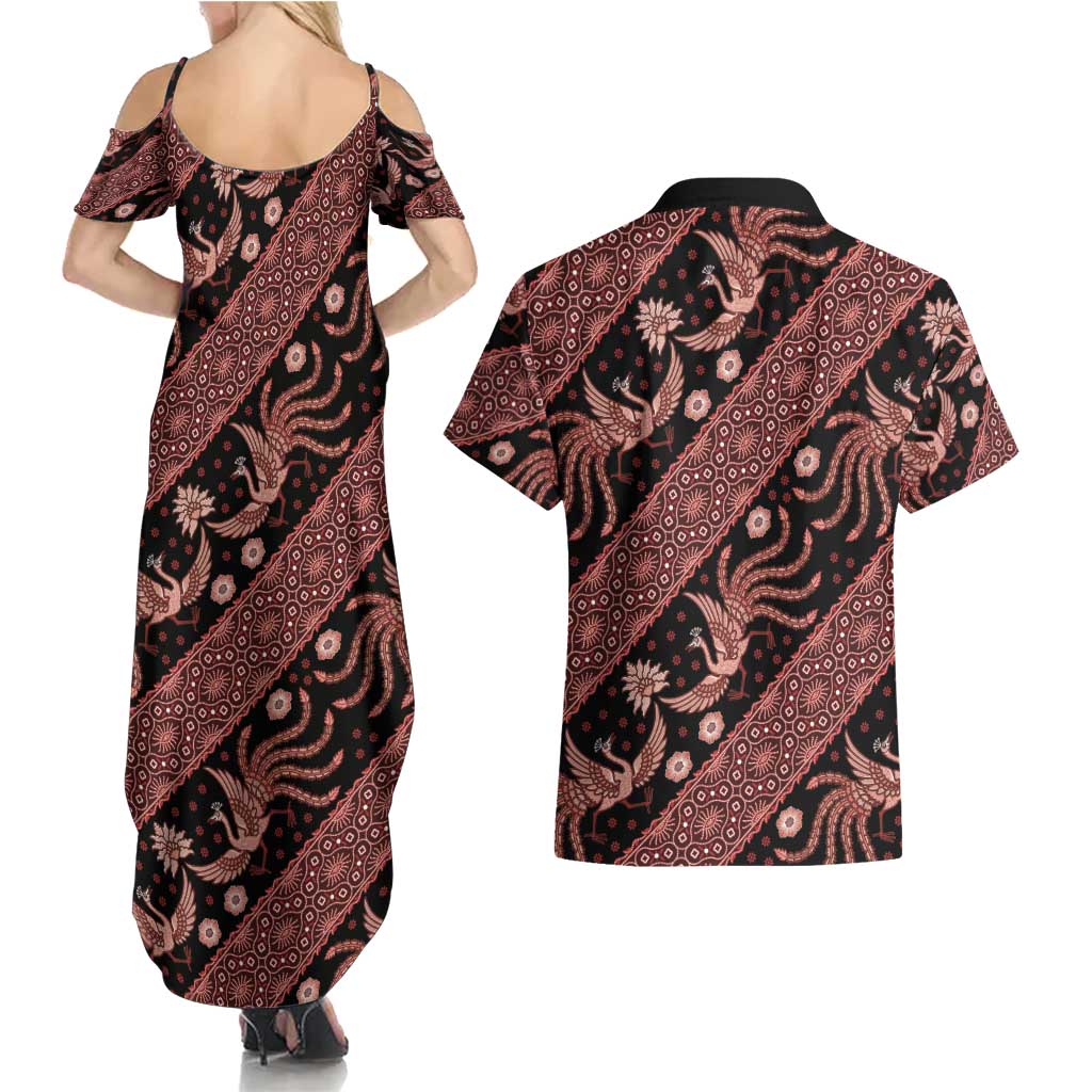 Indonesia Batik Pattern Couples Matching Summer Maxi Dress and Hawaiian Shirt Red Version