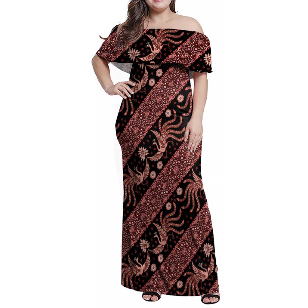 Indonesia Batik Pattern Family Matching Off Shoulder Maxi Dress and Hawaiian Shirt Red Version