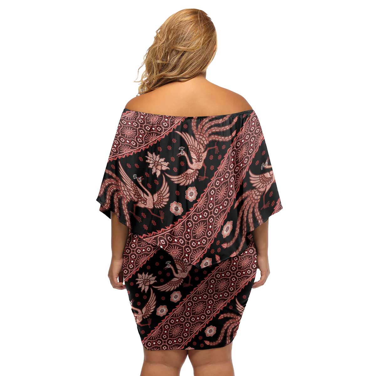 Indonesia Batik Pattern Family Matching Off Shoulder Short Dress and Hawaiian Shirt Red Version