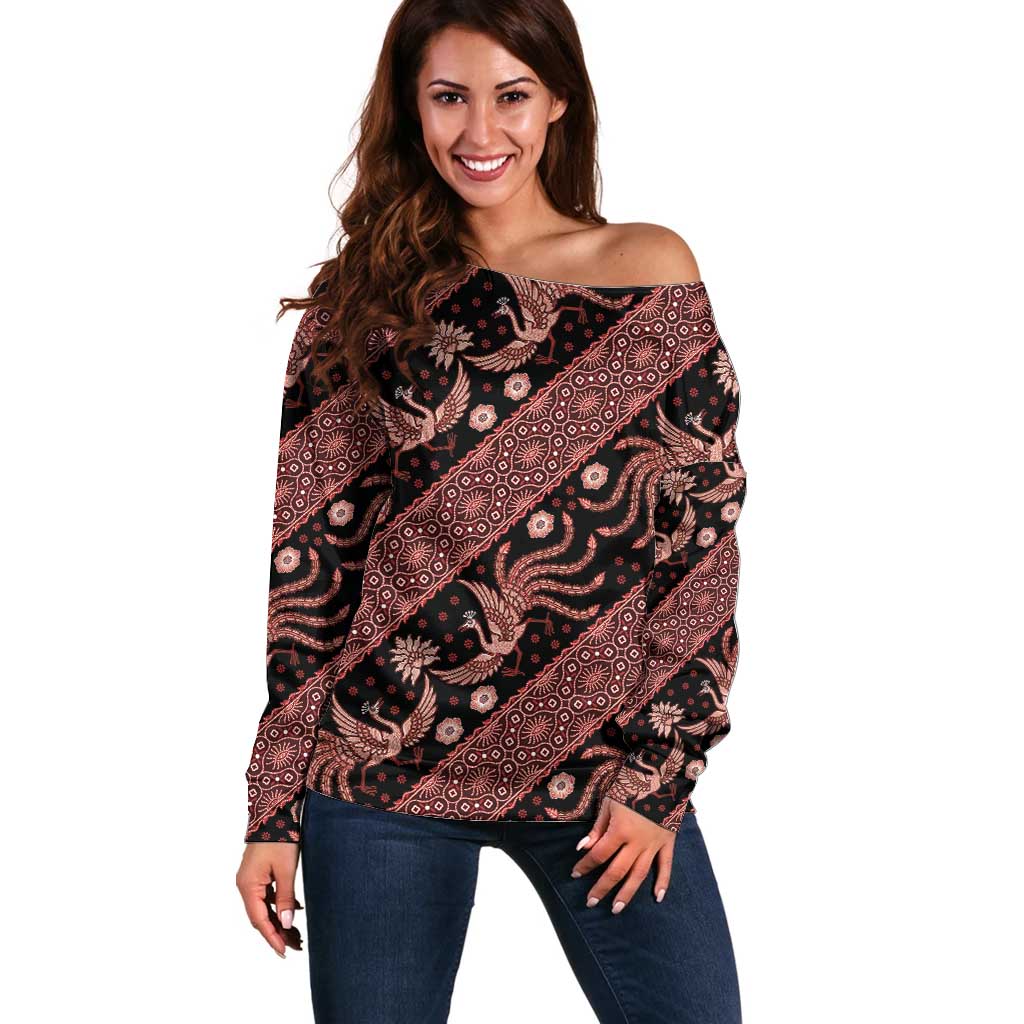 Indonesia Batik Pattern Off Shoulder Sweater Red Version