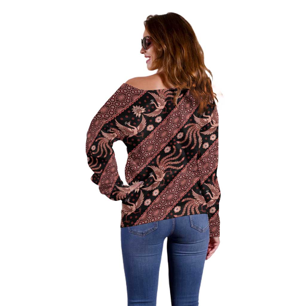 Indonesia Batik Pattern Off Shoulder Sweater Red Version