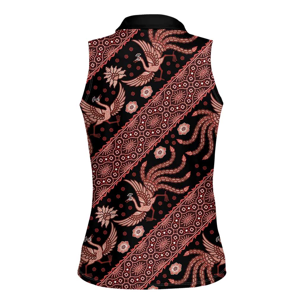 Indonesia Batik Pattern Women Sleeveless Polo Shirt Red Version
