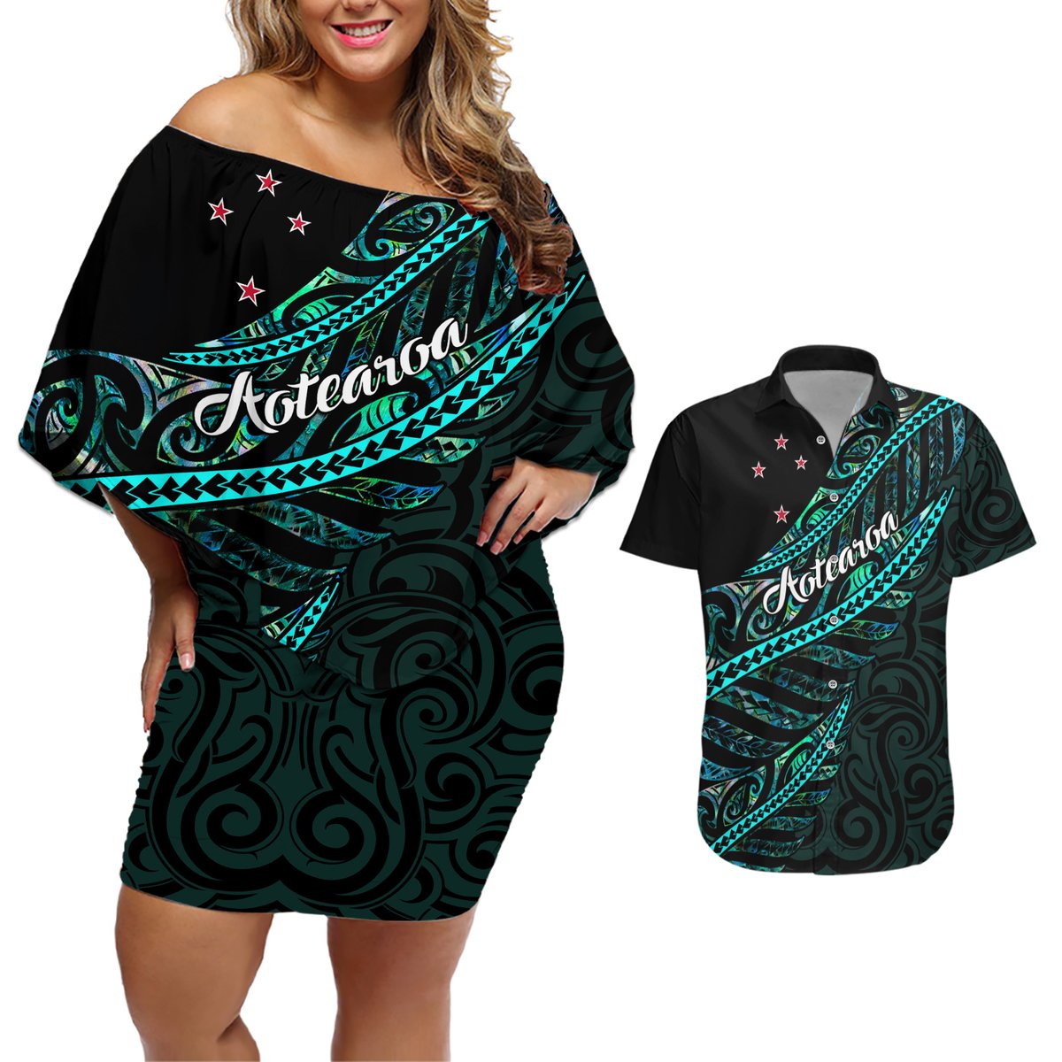 Personalised Aotearoa Couples Matching Off Shoulder Short Dress and Hawaiian Shirt Silver Fern Mix Paua Shell Polynesian Pattern LT01 Black - Polynesian Pride