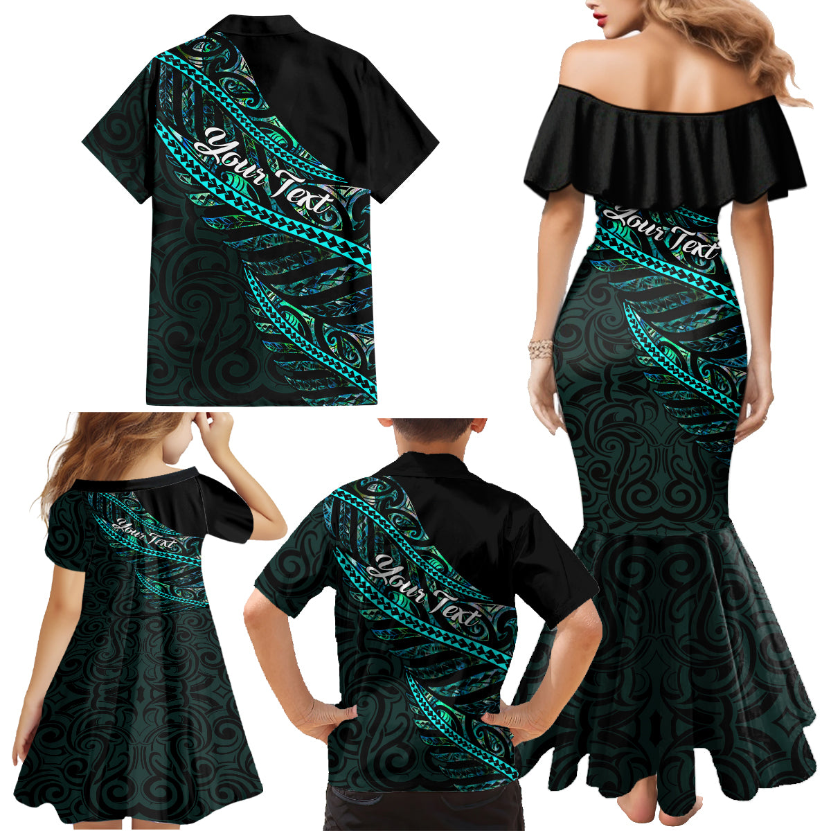 Personalised Aotearoa Family Matching Mermaid Dress and Hawaiian Shirt Silver Fern Mix Paua Shell Polynesian Pattern LT01 - Polynesian Pride