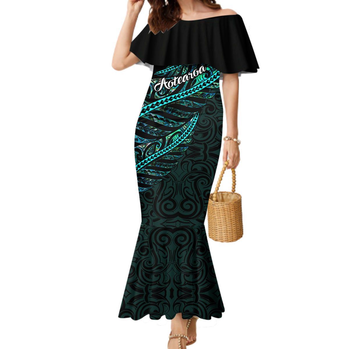 Personalised Aotearoa Family Matching Mermaid Dress and Hawaiian Shirt Silver Fern Mix Paua Shell Polynesian Pattern LT01 Mom's Dress Black - Polynesian Pride