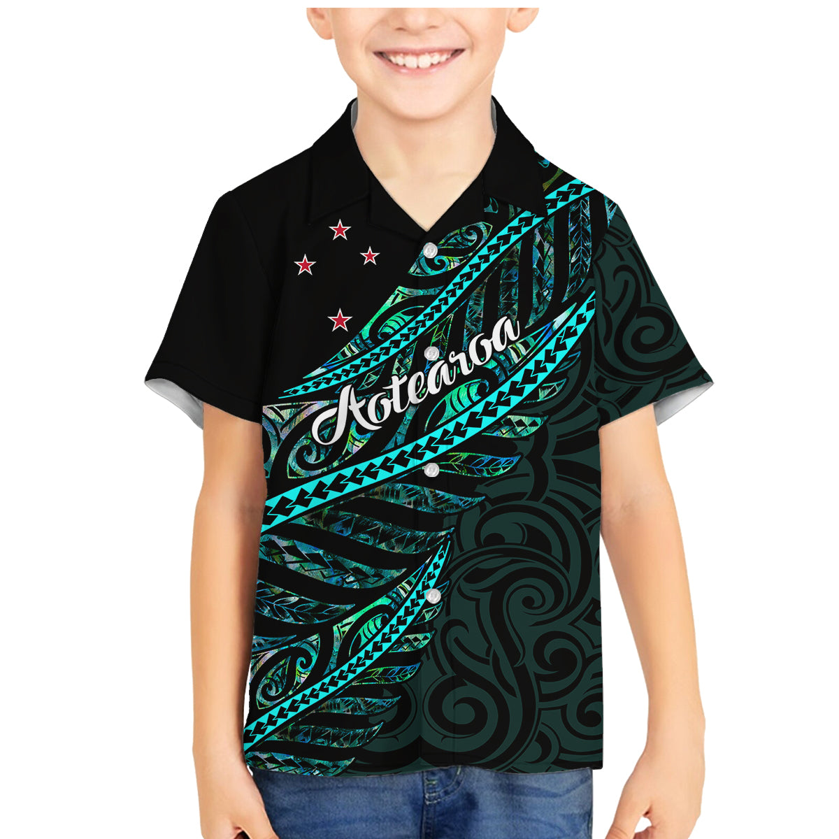 Personalised Aotearoa Family Matching Mermaid Dress and Hawaiian Shirt Silver Fern Mix Paua Shell Polynesian Pattern LT01 Son's Shirt Black - Polynesian Pride