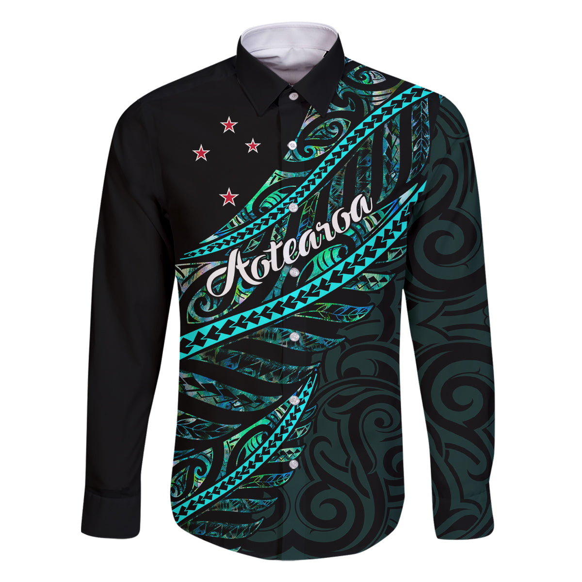 Personalised Aotearoa Family Matching Off Shoulder Maxi Dress and Hawaiian Shirt Silver Fern Mix Paua Shell Polynesian Pattern LT01 Dad's Shirt - Long Sleeve Black - Polynesian Pride