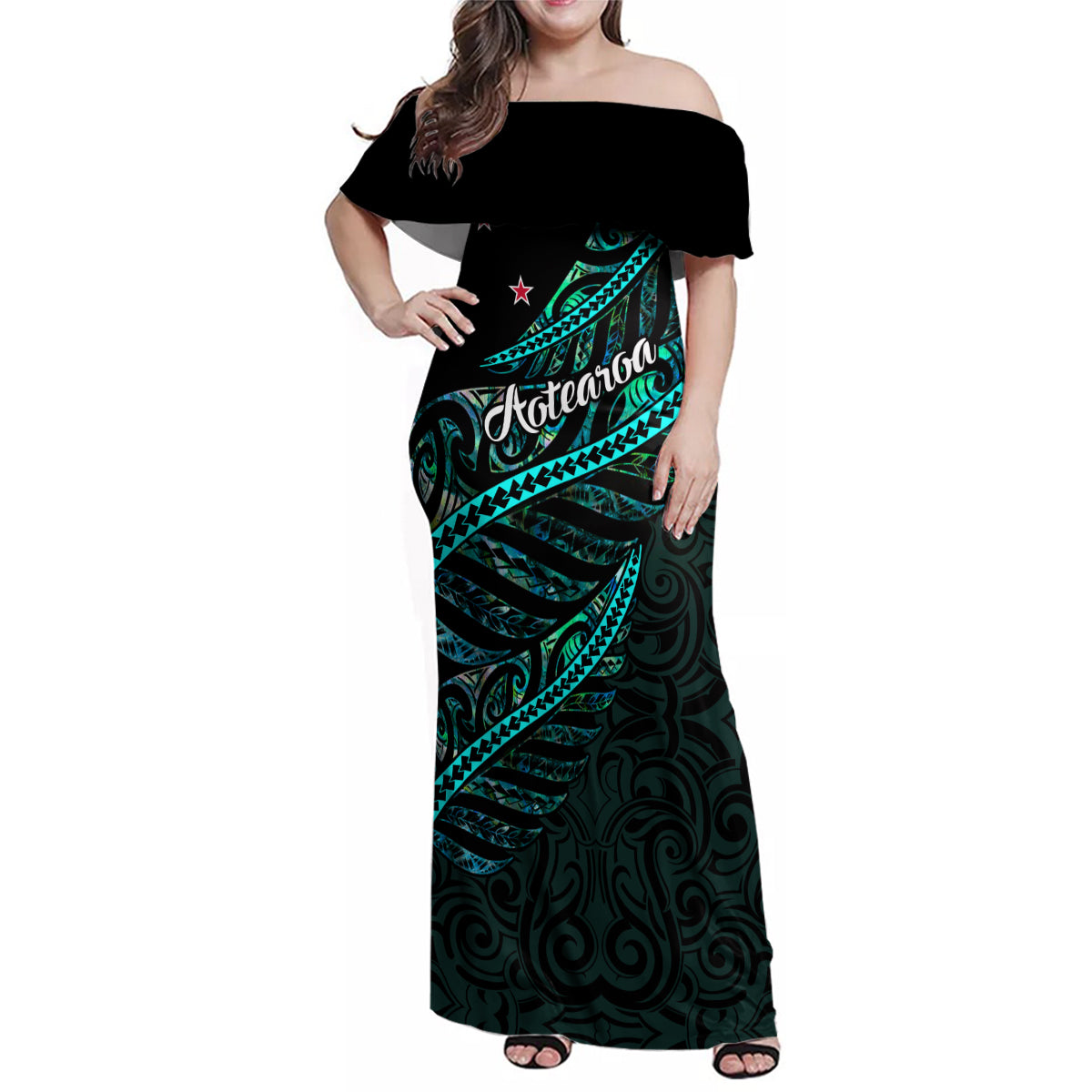 Personalised Aotearoa Family Matching Off Shoulder Maxi Dress and Hawaiian Shirt Silver Fern Mix Paua Shell Polynesian Pattern LT01 Mom's Dress Black - Polynesian Pride