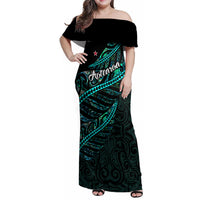 Personalised Aotearoa Family Matching Off Shoulder Maxi Dress and Hawaiian Shirt Silver Fern Mix Paua Shell Polynesian Pattern LT01 Mom's Dress Black - Polynesian Pride
