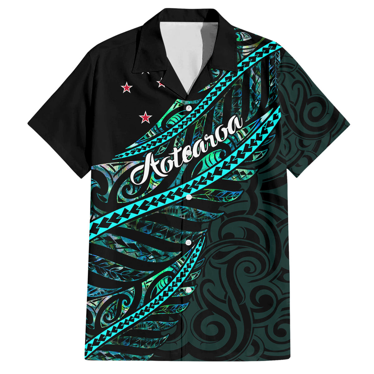 Personalised Aotearoa Family Matching Short Sleeve Bodycon Dress and Hawaiian Shirt Silver Fern Mix Paua Shell Polynesian Pattern LT01 Dad's Shirt - Short Sleeve Black - Polynesian Pride