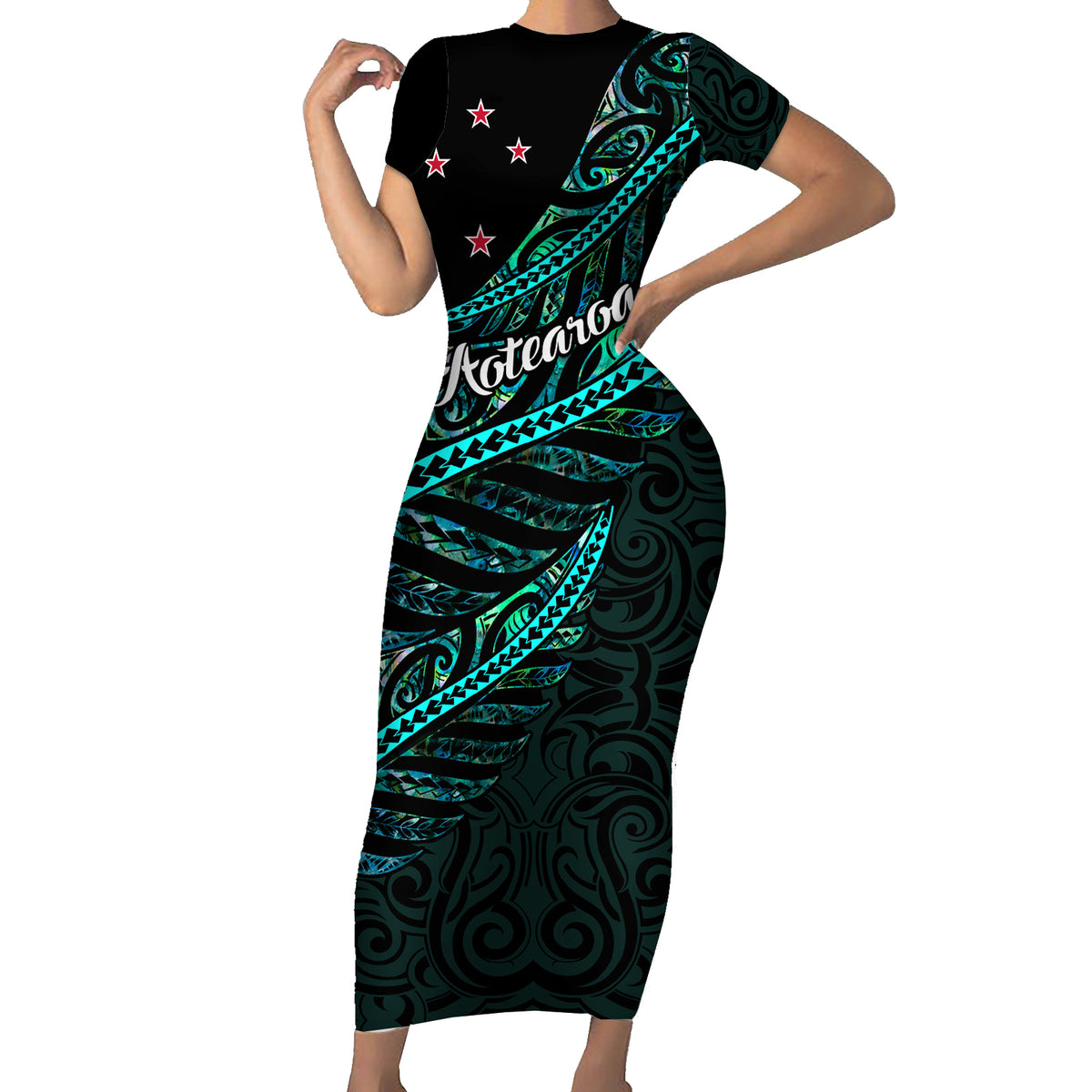 Personalised Aotearoa Family Matching Short Sleeve Bodycon Dress and Hawaiian Shirt Silver Fern Mix Paua Shell Polynesian Pattern LT01 Mom's Dress Black - Polynesian Pride