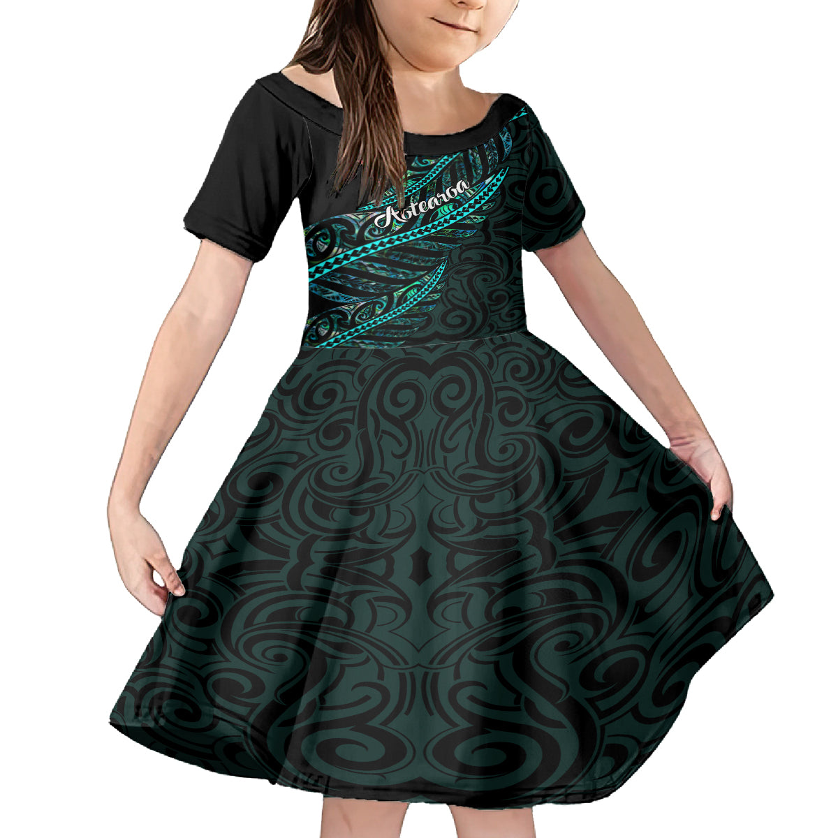 Personalised Aotearoa Family Matching Tank Maxi Dress and Hawaiian Shirt Silver Fern Mix Paua Shell Polynesian Pattern LT01 Daughter's Dress Black - Polynesian Pride