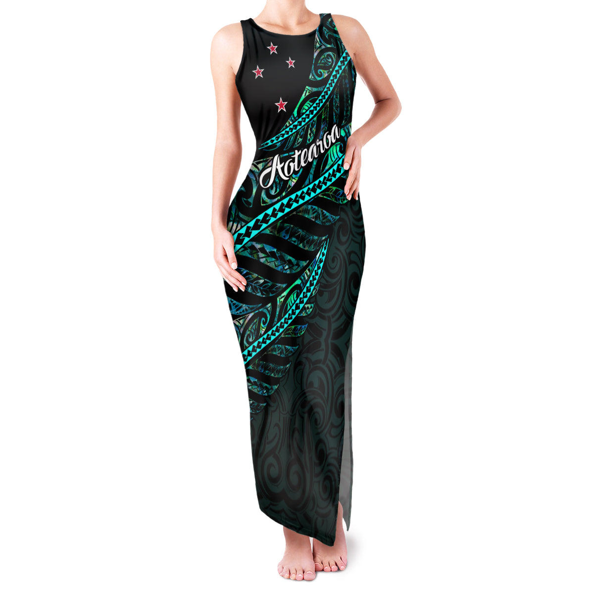 Personalised Aotearoa Family Matching Tank Maxi Dress and Hawaiian Shirt Silver Fern Mix Paua Shell Polynesian Pattern LT01 Mom's Dress Black - Polynesian Pride