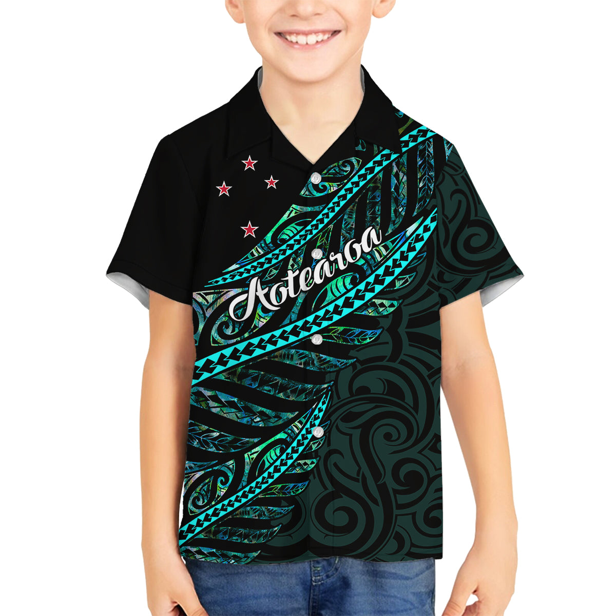 Personalised Aotearoa Family Matching Tank Maxi Dress and Hawaiian Shirt Silver Fern Mix Paua Shell Polynesian Pattern LT01 Son's Shirt Black - Polynesian Pride