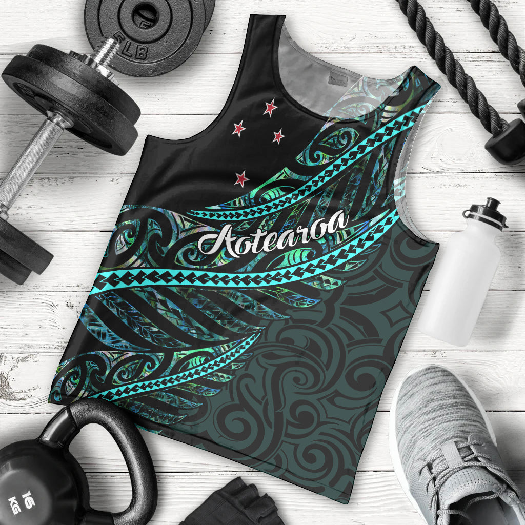 Personalised Aotearoa Men Tank Top Silver Fern Mix Paua Shell Polynesian Pattern LT01 Black - Polynesian Pride