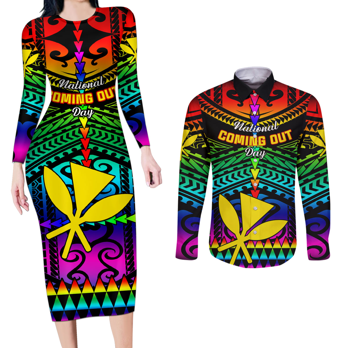 personalised-hawaii-couples-matching-long-sleeve-bodycon-dress-and-long-sleeve-button-shirts-kanaka-maoli-kakau-2023-national-coming-out-day