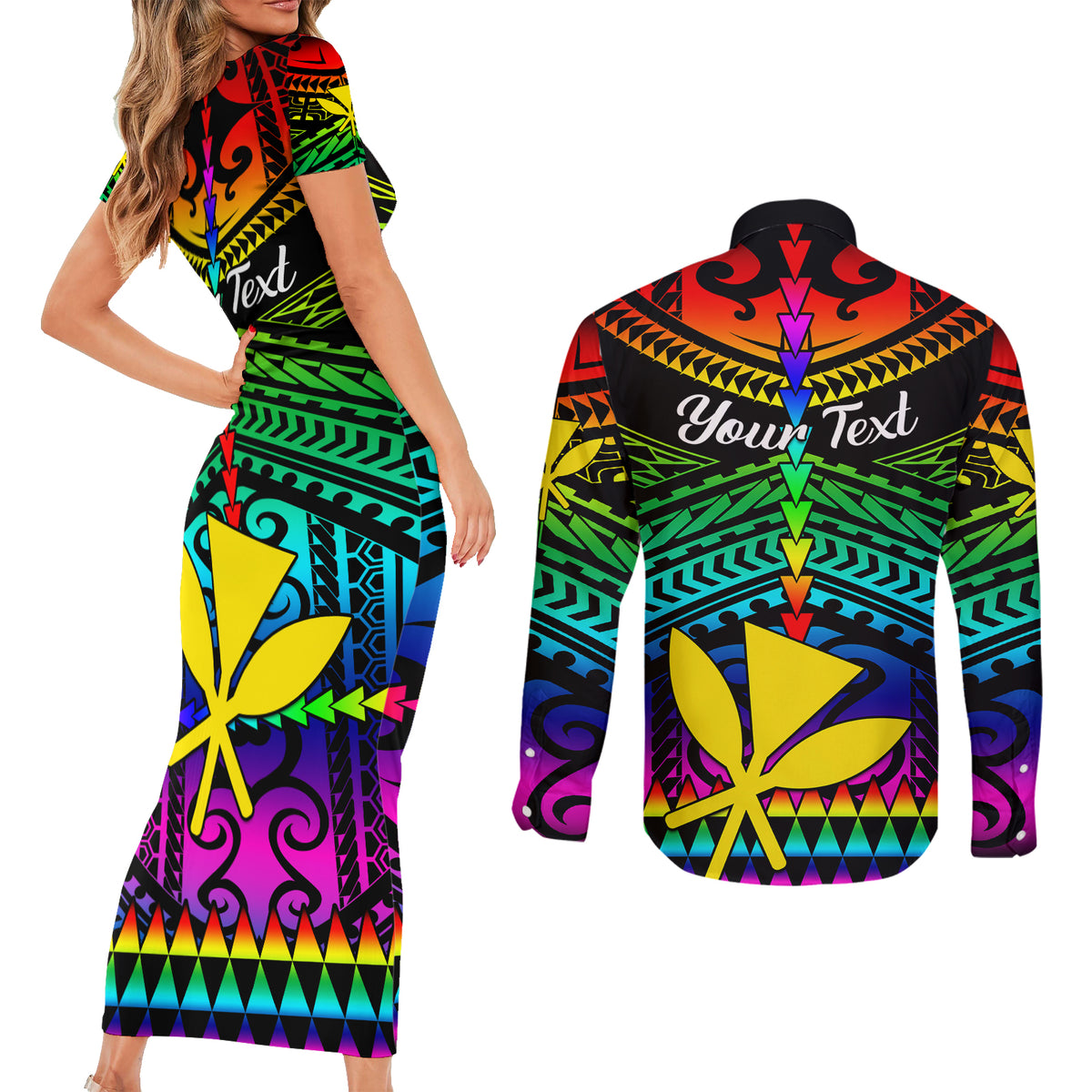 personalised-hawaii-couples-matching-short-sleeve-bodycon-dress-and-long-sleeve-button-shirts-kanaka-maoli-kakau-2023-national-coming-out-day