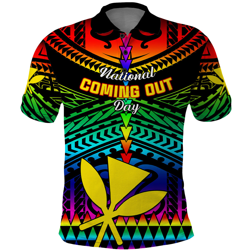 Personalised Hawaii Polo Shirt Kanaka Maoli Kakau 2023 National Coming Out Day LT01 Black - Polynesian Pride