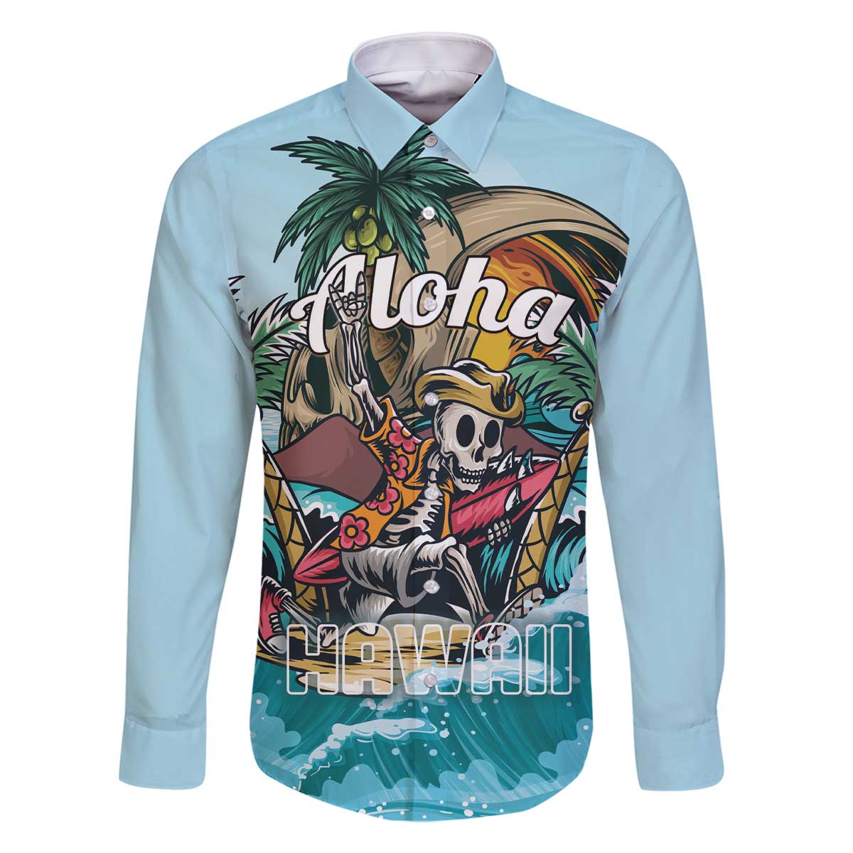 Personalized Aloha Hawaii Skeleton Family Matching Off The Shoulder Long Sleeve Dress and Hawaiian Shirt Tropical Summer Vibe