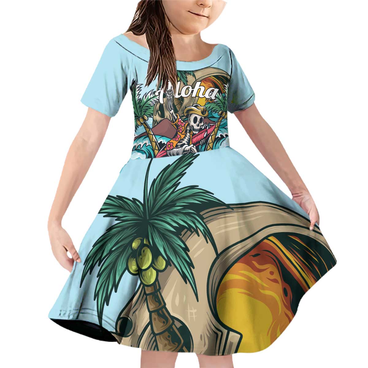 Personalized Aloha Hawaii Skeleton Family Matching Off Shoulder Short Dress and Hawaiian Shirt Tropical Summer Vibe