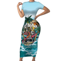 Personalized Aloha Hawaii Skeleton Short Sleeve Bodycon Dress Tropical Summer Vibe LT01 Long Dress Blue - Polynesian Pride