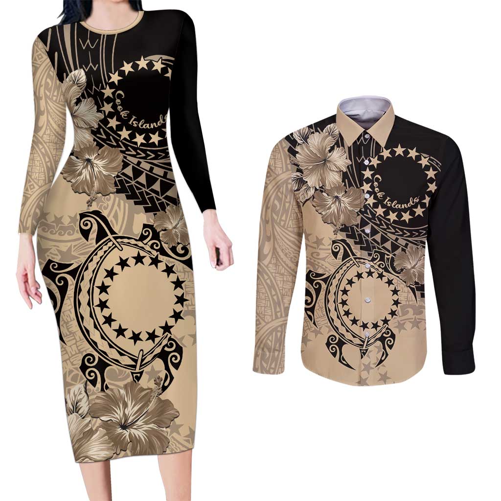 Cook Islands Turtle Couples Matching Long Sleeve Bodycon Dress and Long Sleeve Button Shirt Stars and Hibiscus - Beige